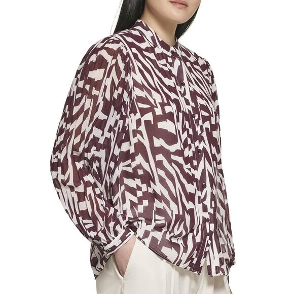 Calvin Klein Geometric Zebra Pleated Long Sleeve White & Plum Blouse SMALL NEW - Picture 2 of 11